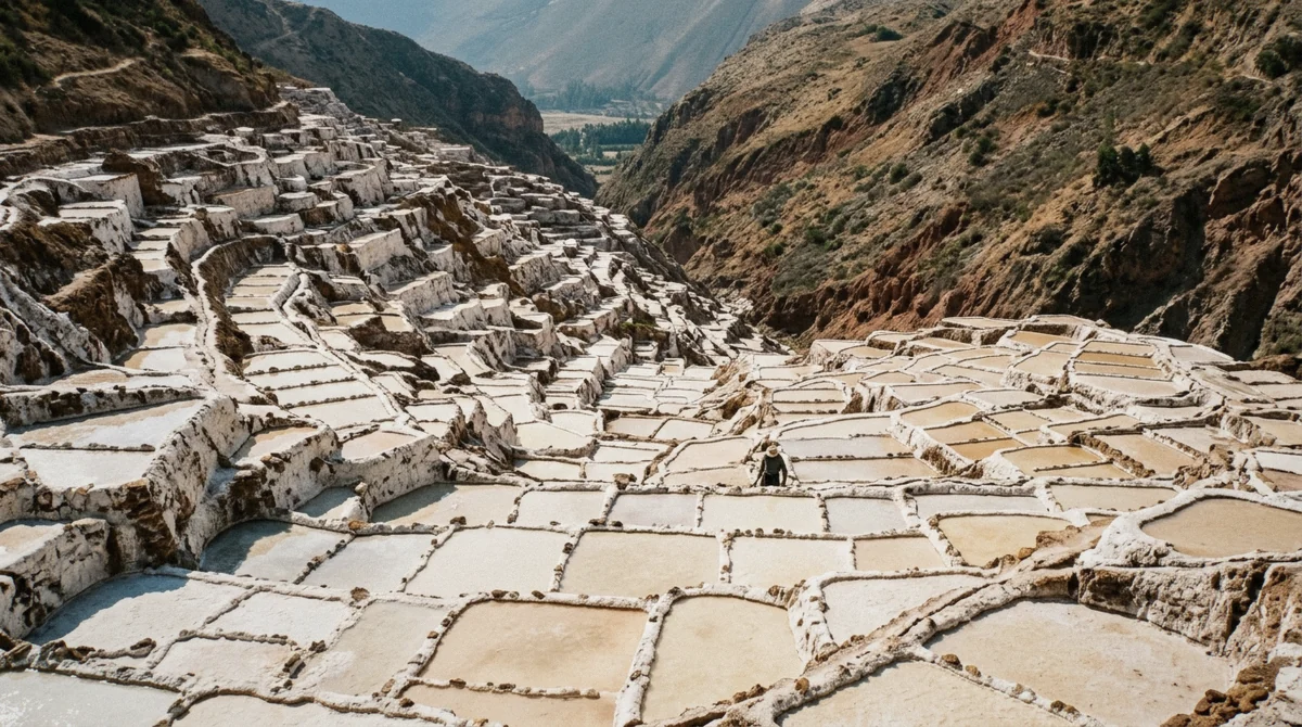 Thousands of white salt pans stepping down the hillside at the Maras salt terraces on a sacred valley tour from Cusco, Peru