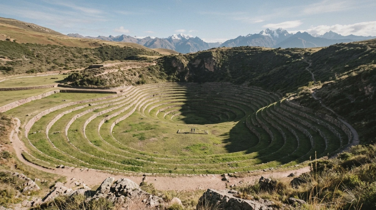 The concentric circular Inca terraces of Moray seen from the rim on a sacred valley tour from Cusco, Peru