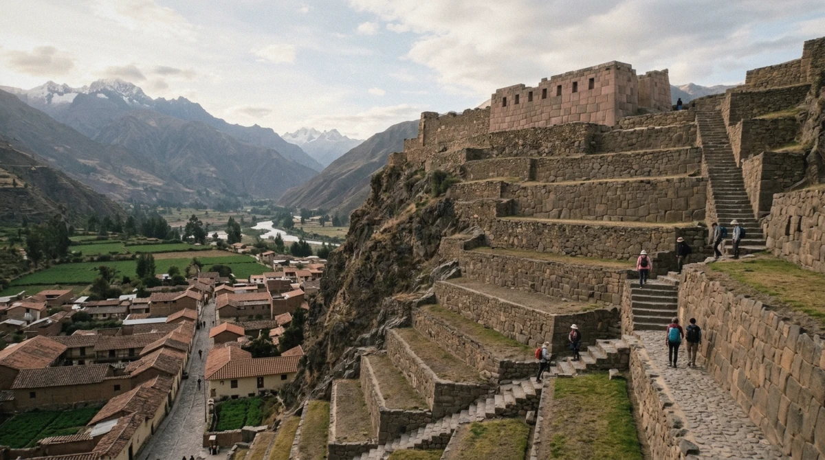 The terraced fortress of Ollantaytambo rising above the Inca town on a sacred valley tour from Cusco, Peru