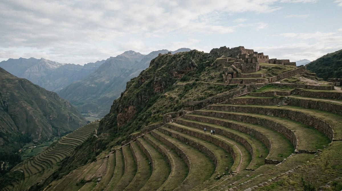 Pisac Inca ruins and agricultural terraces above the town on a sacred valley tour from Cusco, Peru
