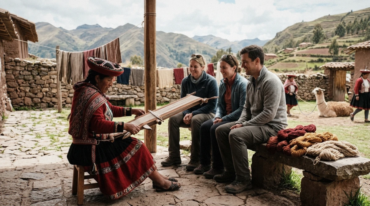 An Andean weaving demonstration in Chinchero on a small-group Sacred Valley tour from Cusco, Peru