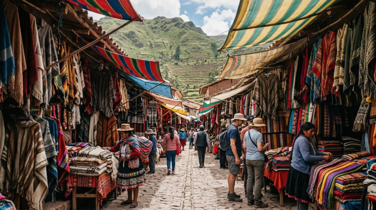 Colorful handwoven textiles at the Pisac craft market on a Pisac tour from Cusco, Peru